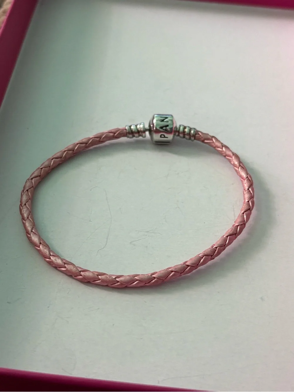 Pandora Light Pink Braided Leather Charm Bracelet with Silver Clasp